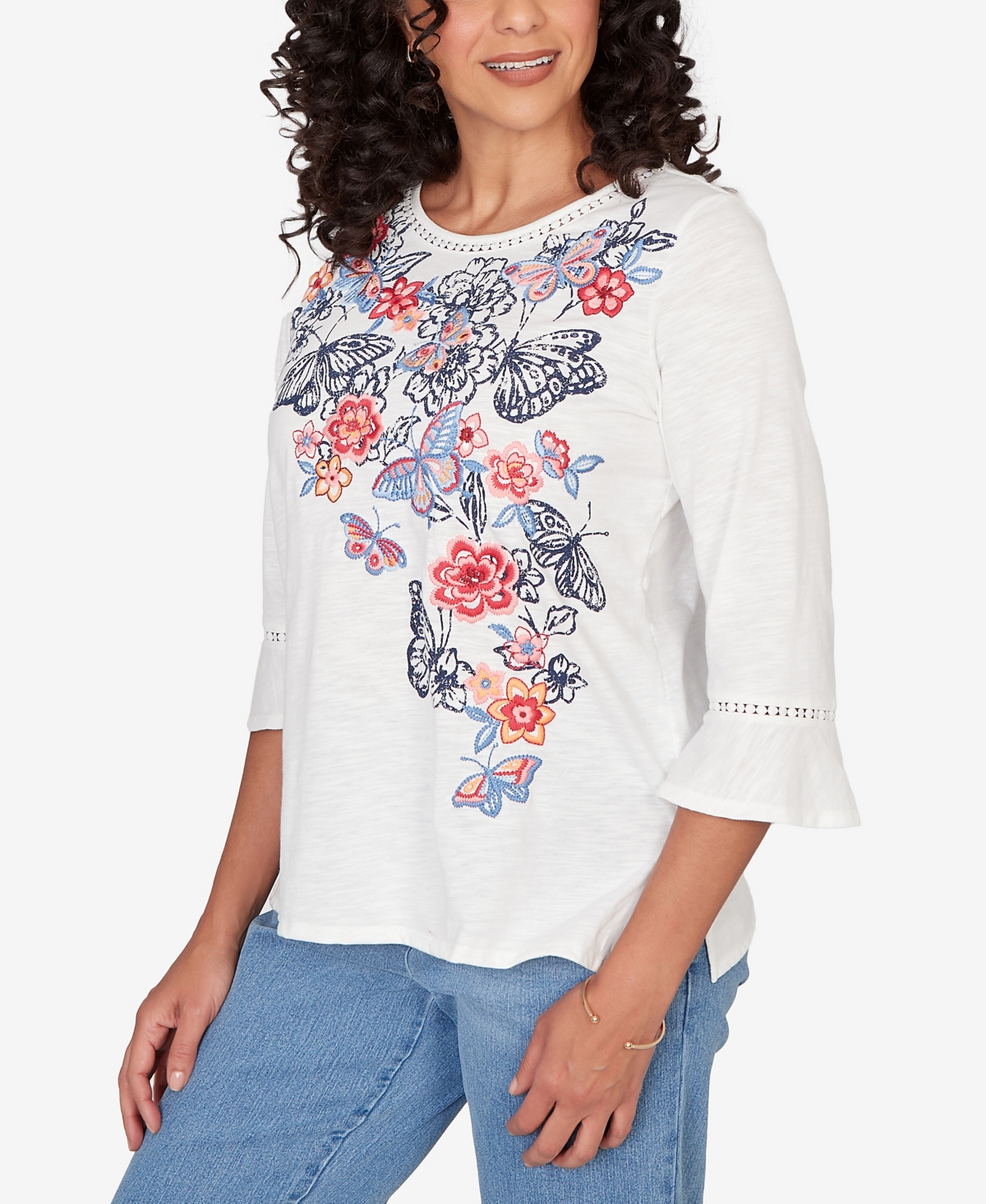 Alfred Dunner Women's Austin Embroidered Butterfly Crew Neck Knit Top