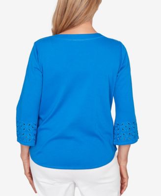 Women's  Mykonos Eyelet Sleeve Solid Top with Necklace