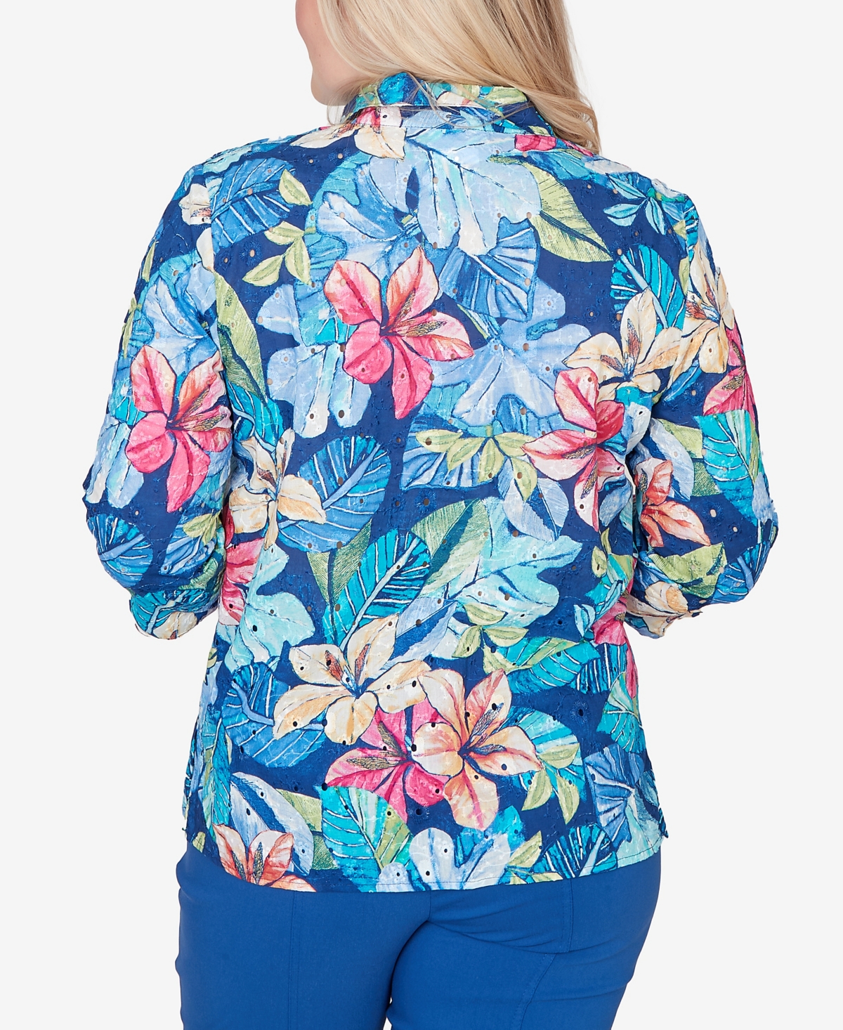 Alfred Dunner Women's The Royal Treatment Tropical Eyelet Button Down Top