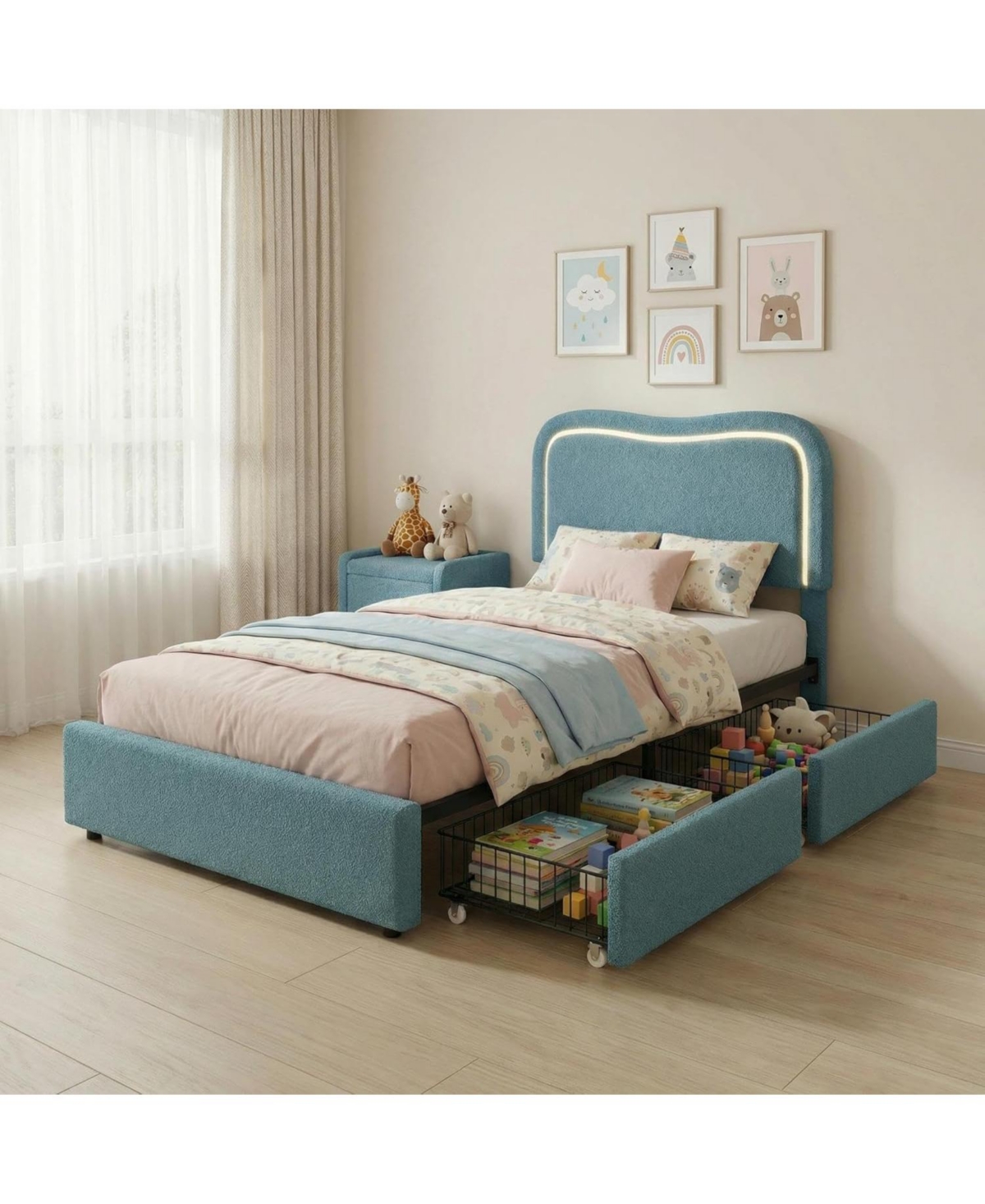 gaomon Boucle Bed Frame with 2 Storage Drawers, Upholstered Platform Led Headboard
