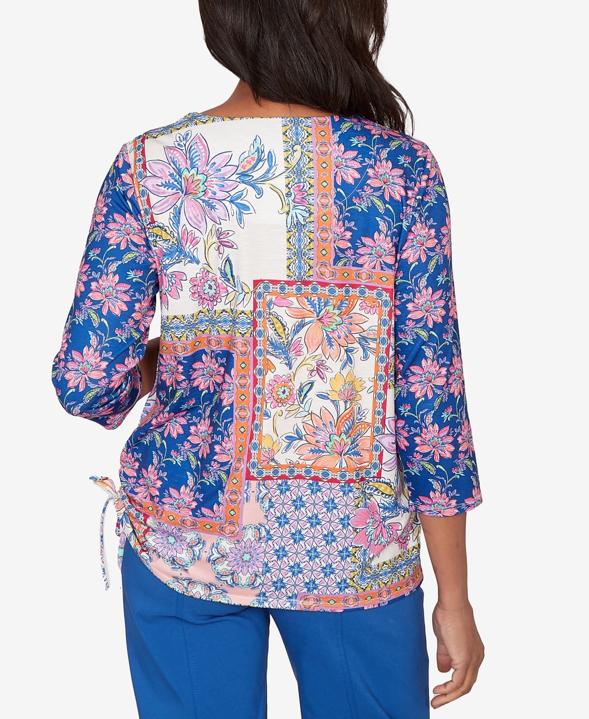 Alfred Dunner Women's The Royal Treatment Geometric Floral Tie Ruched Top