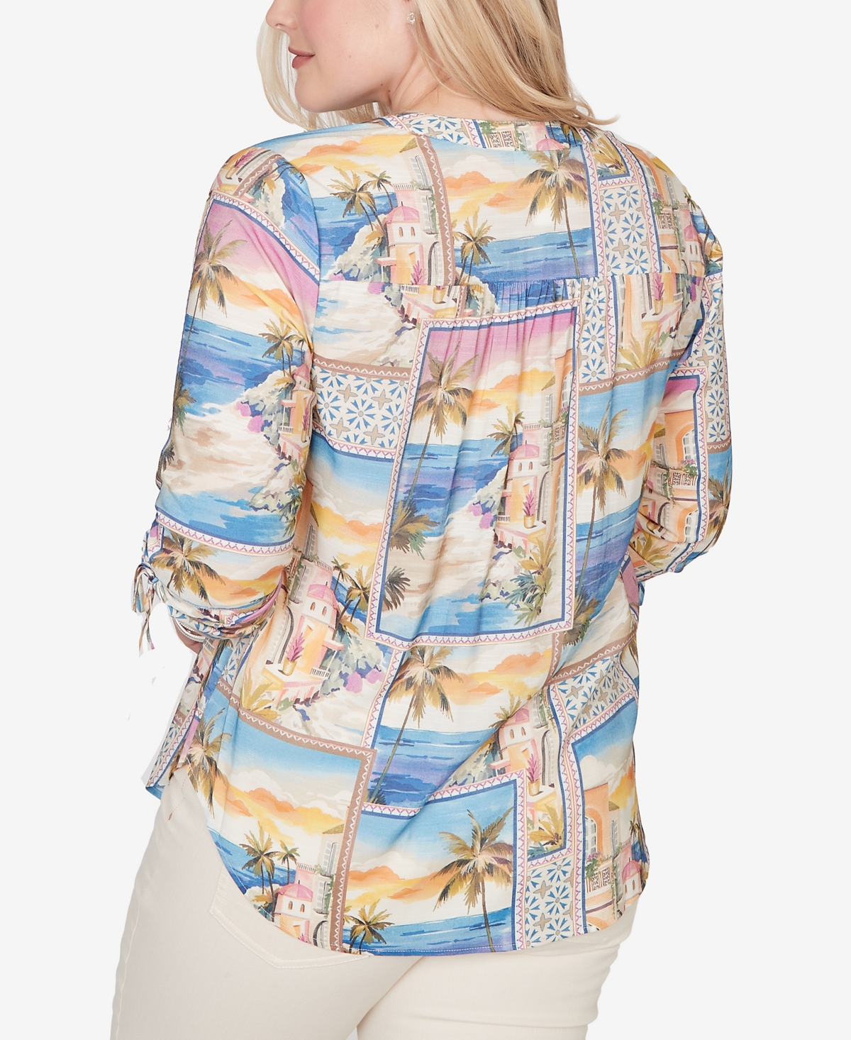 Alfred Dunner Women's Beachcomber Postcard Print Tie Sleeve Henley Top