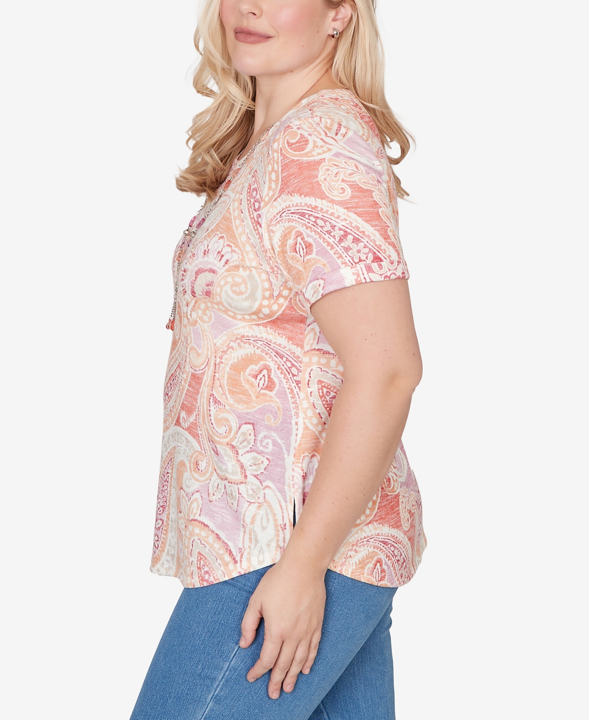 Alfred Dunner Women's Beachcomber Paisley Short Sleeve T-shirt with Necklace