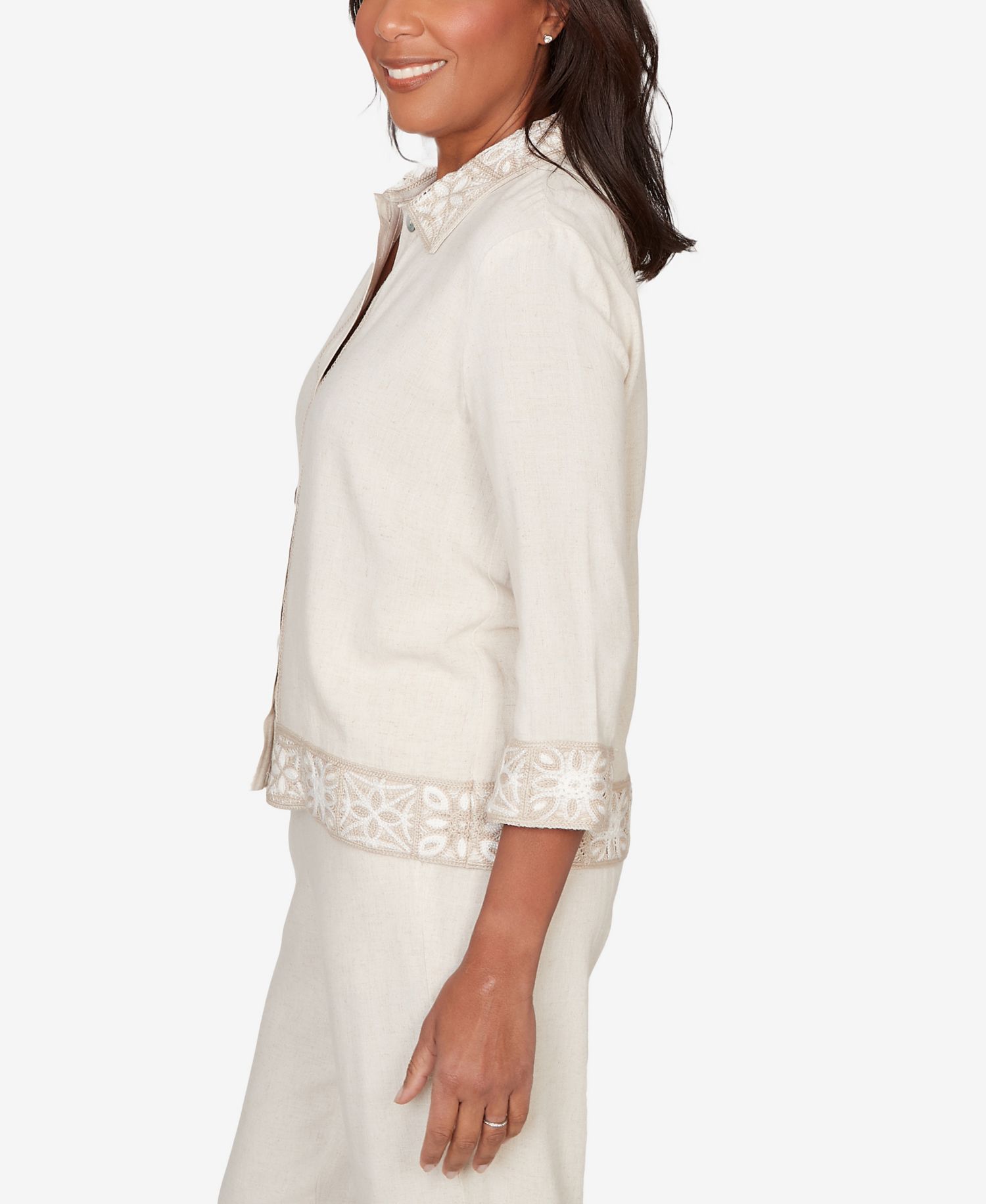 Women's Natural Wonder Embellished Crochet Trim Linen Jacket
