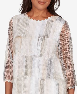 Women's  Natural Wonder Neutral Brushstrokes Mesh Top