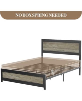 Bed Frame with Headboard and Charging Station, Sturdy Metal Platform, Wood Accent Bed Frame