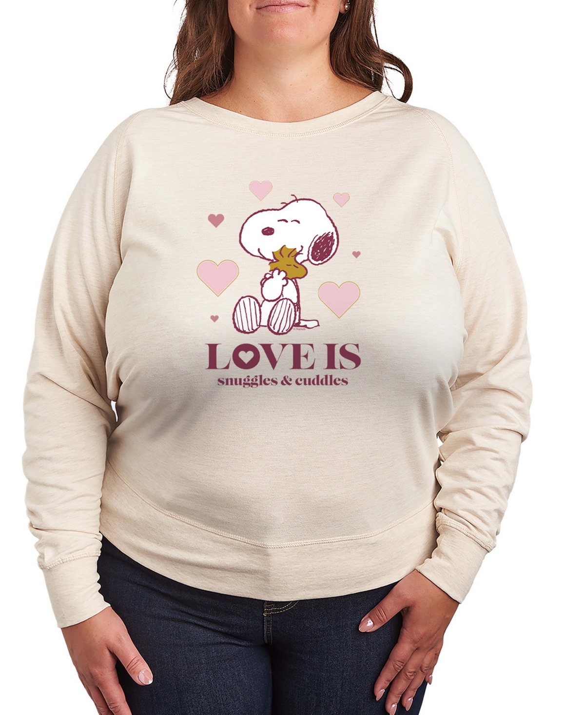 Hybrid Apparel Women's Peanuts Snoopy And Woodstock Love Is Snuggles Cuddles French Terry Long sleeve T-shirt