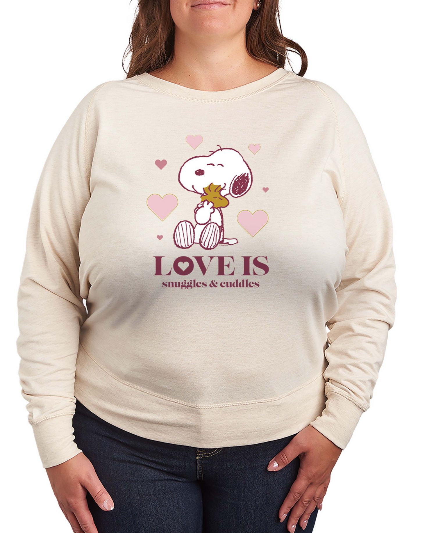Women's Peanuts Snoopy And Woodstock Love Is Snuggles And Cuddles French Terry Long-Sleeve T-Shirt