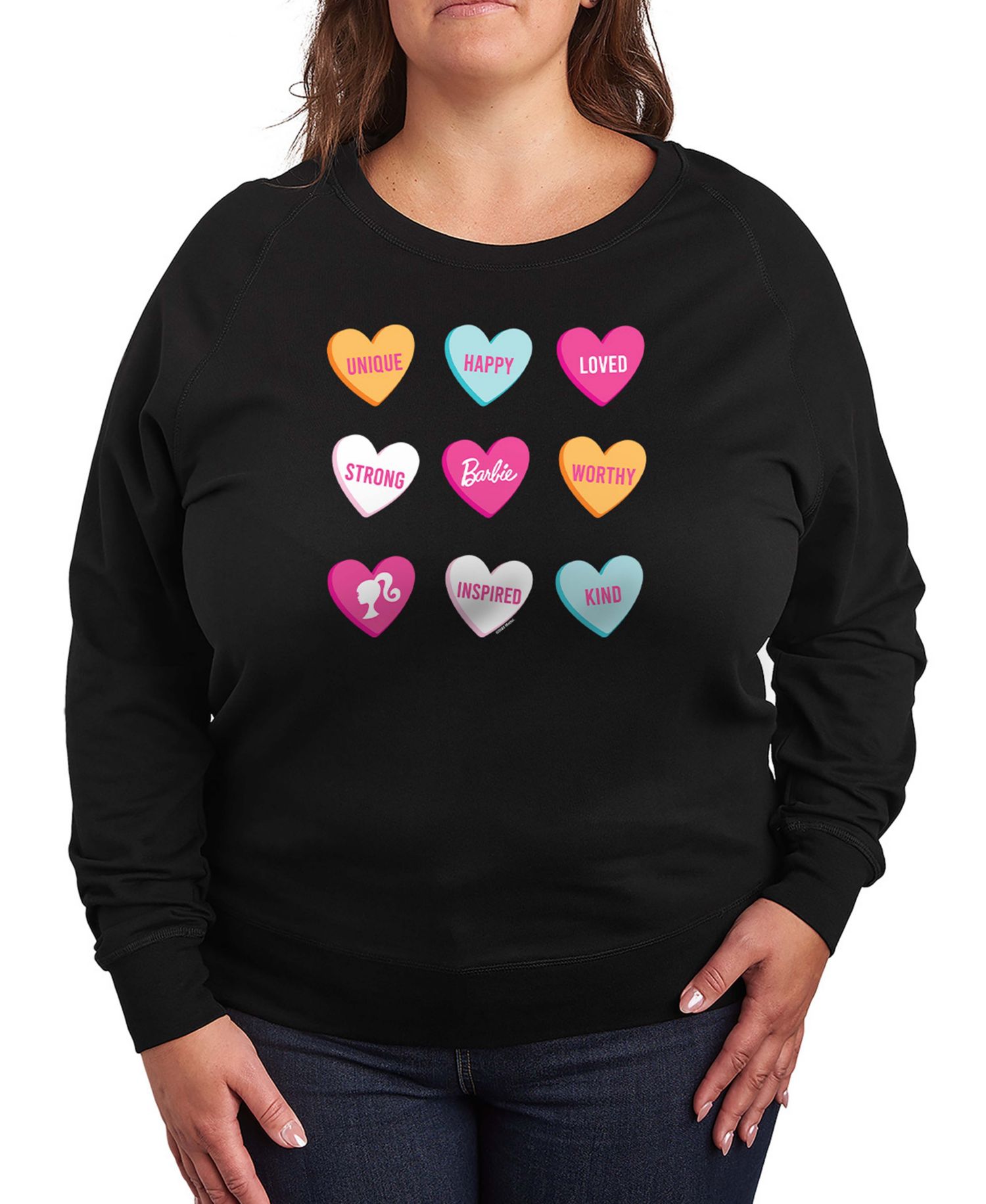 Women's Barbie Valentine Candy Hearts French Terry Long-Sleeve T-Shirt
