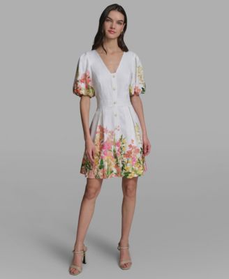 Women's Floral Border Linen Puff-Sleeve Dress