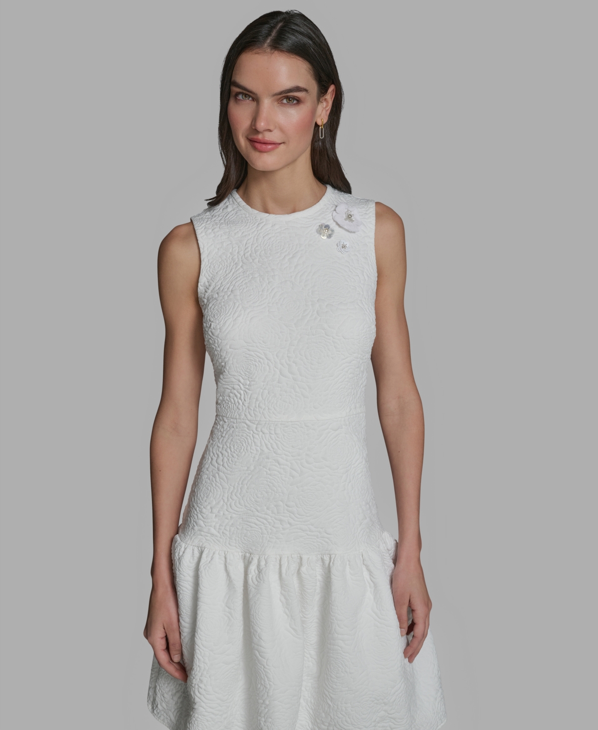 Karl Lagerfeld Paris Women's Crew Neck Jacquard Ruffle Hem Dress