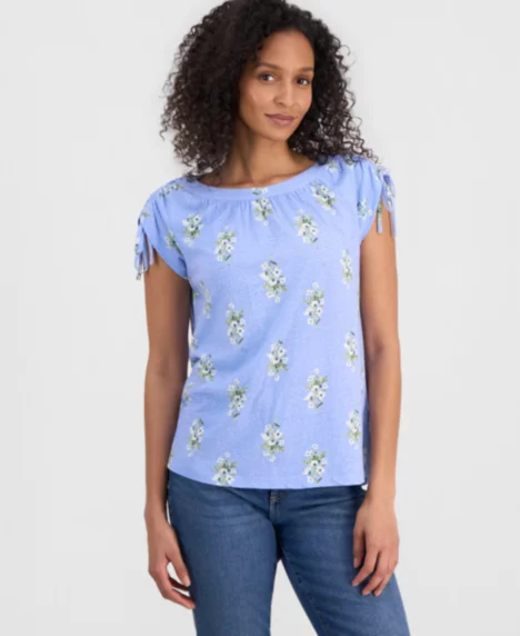 Petite Boat Neck Ruched Shoulder Knit Top - Rain Combo