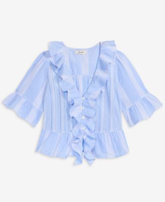 Women's Short Sleeve Ruffle-Front Cotton Blouse