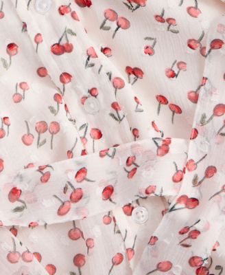 Women's Cherry Print Tie-Belt Button-Front Dress