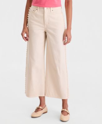 Women's High-Rise Cropped Faux-Pearl-Trim Jeans