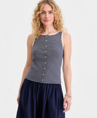 Women's Thin Stripe Rib Button-Up Tank Top