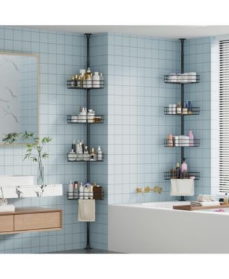 Corner Shower Caddy Tension Pole,  4-Tier Rustproof Bathroom Shelves with Built-In Towel Bars