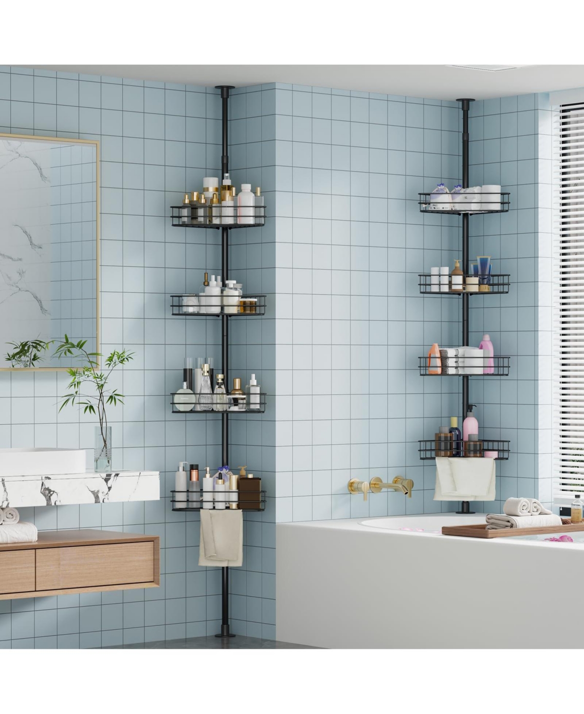 Homfan Corner Shower Caddy Tension Pole, 4-Tier Rustproof Bathroom Shelves with Built-In Towel Bars