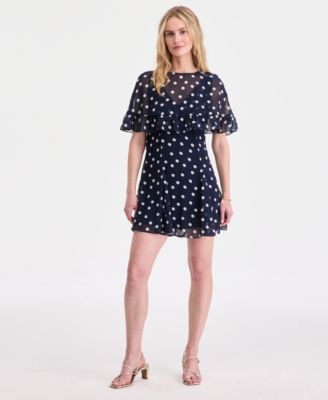 Women's Scattered Dot-Print Chiffon Ruffle Cape Mini Dress