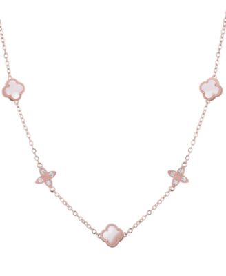 Rose Gold Mother of Pearl CZ Clover Station Necklace