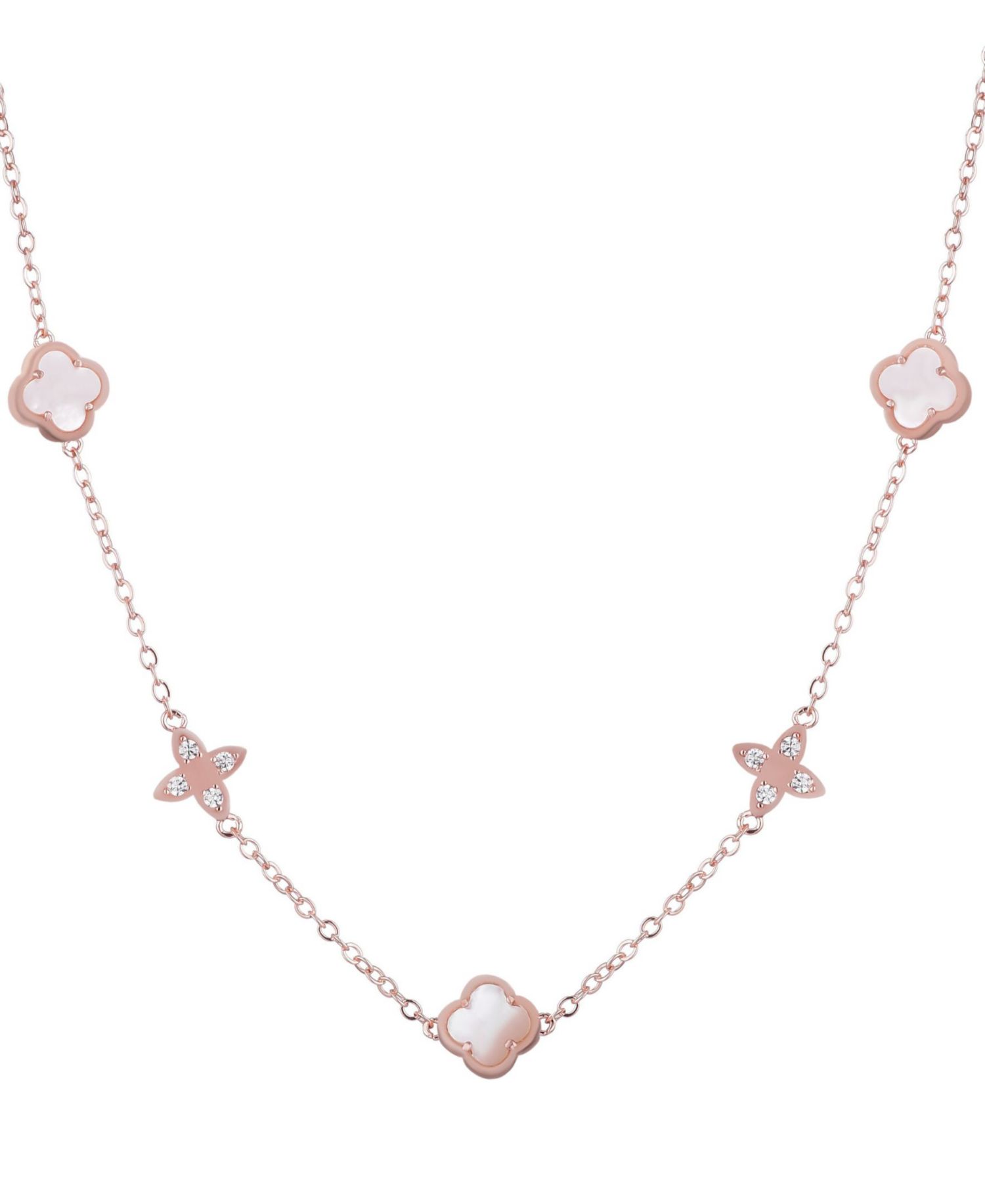 Rose Gold Mother of Pearl CZ Clover Station Necklace