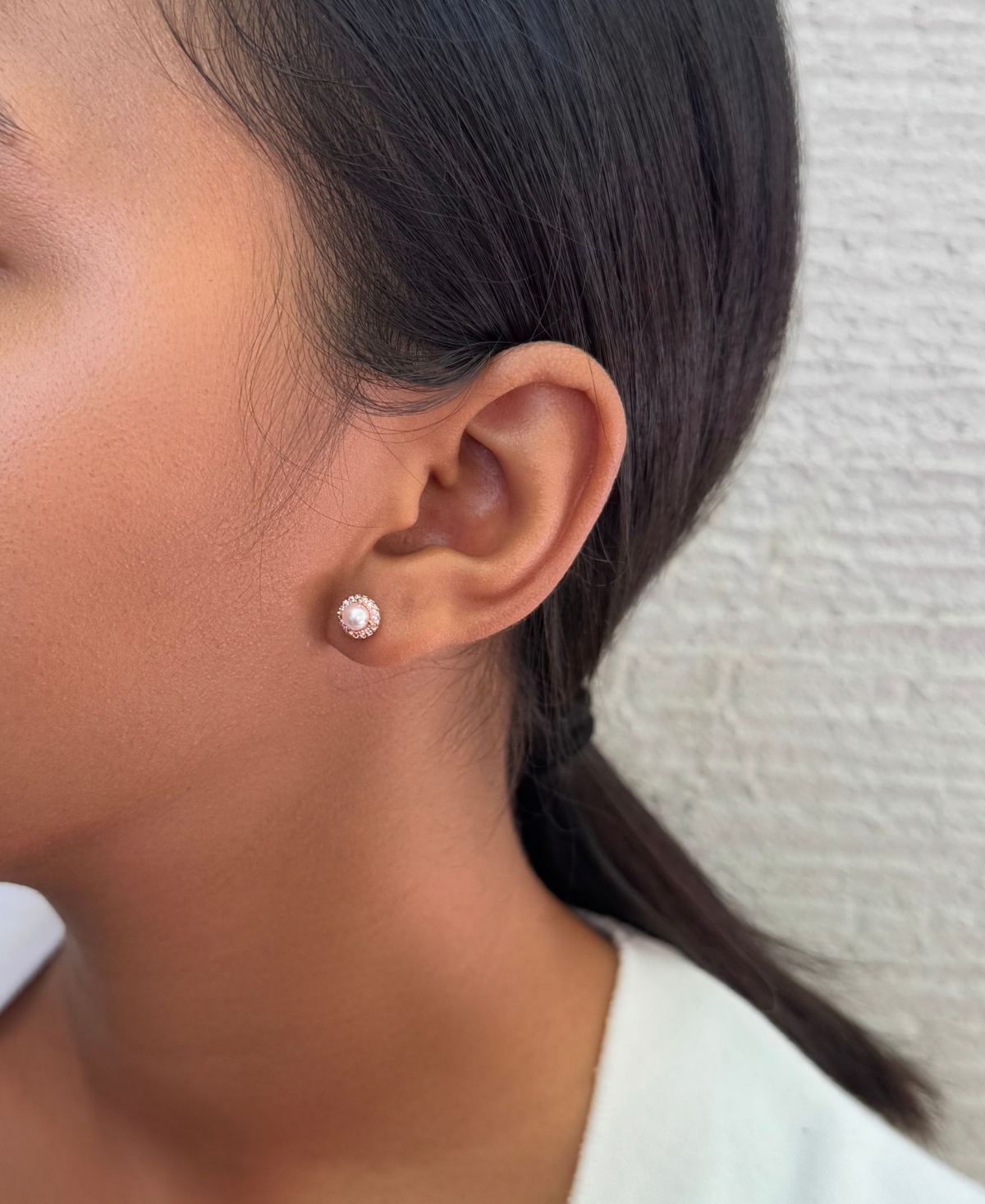 Adornia Rose Gold Freshwater Pearl Cz Halo Stud Earrings