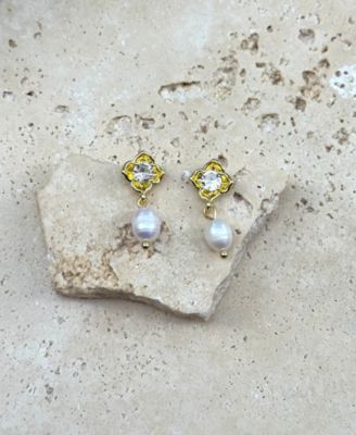 Gold Freshwater Pearl Crystal Flower Earrings
