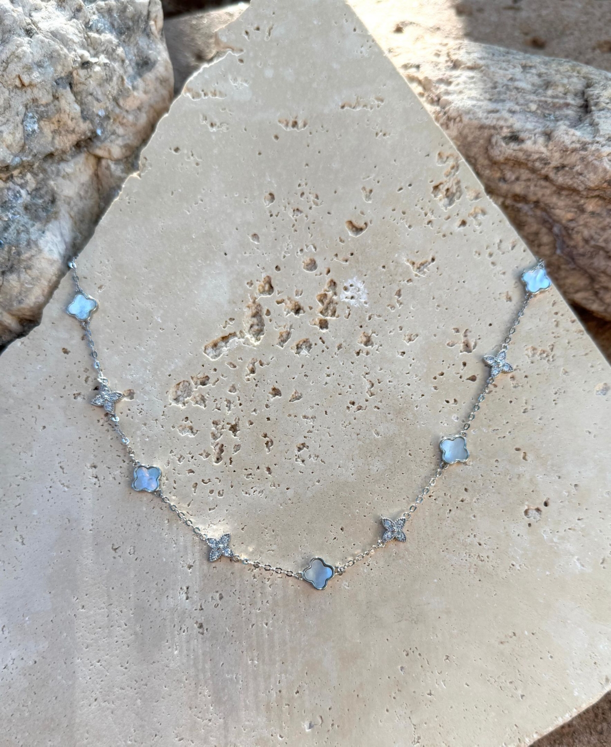 Adornia Silver Mother of Pearl Cz Mixed Clover Station Necklace