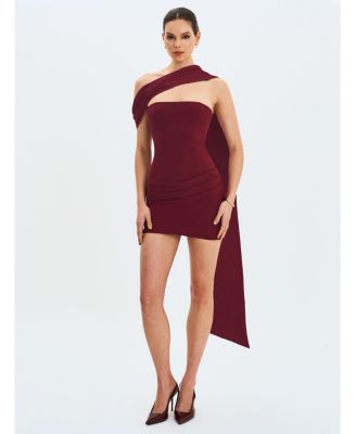 Women Ovelia Crimson Satin Ribbon Strapless Mini Dress