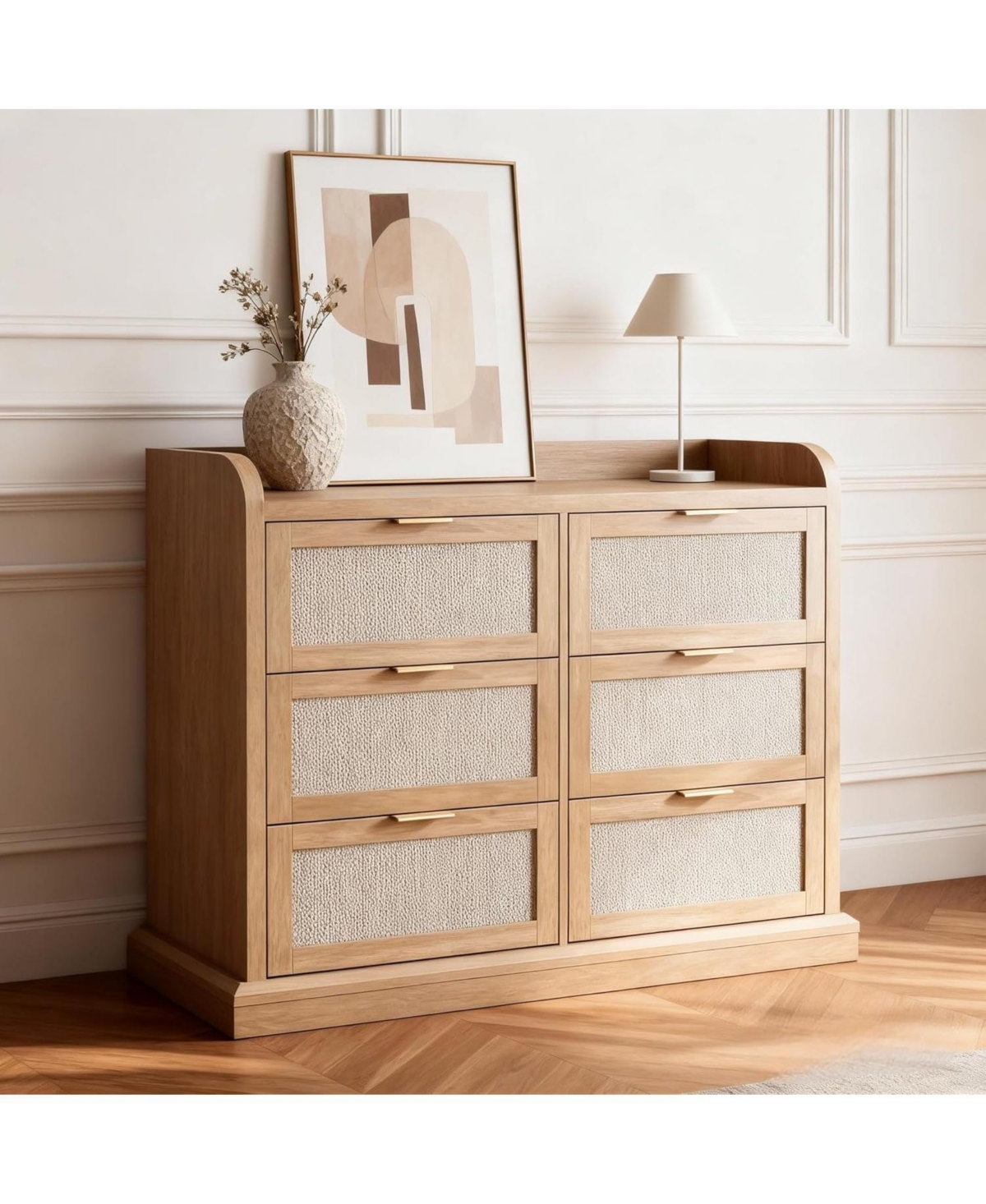 gaomon Farmhouse 6 Drawer Dresser for Bedroom, Rattan Chest of Drawers with Storage,Large Dresser Chest of Drawers with Gold Handle,Boho Tv Stand