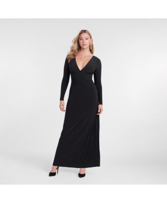Women's Sculpting Shapewear Shirred V-Neck Long Sleeve Solid Maxi Dress