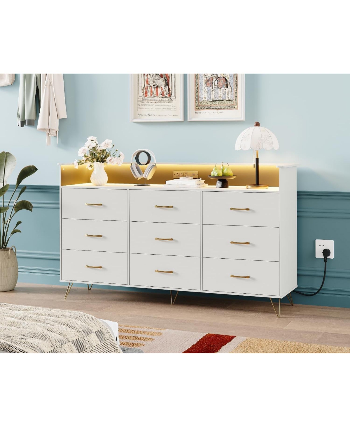 gaomon 9-Drawer Tall Dresser with App-Controlled Rgb Lights & Charging Station, Modern Wooden Chest 3 Outlets/2 Usb