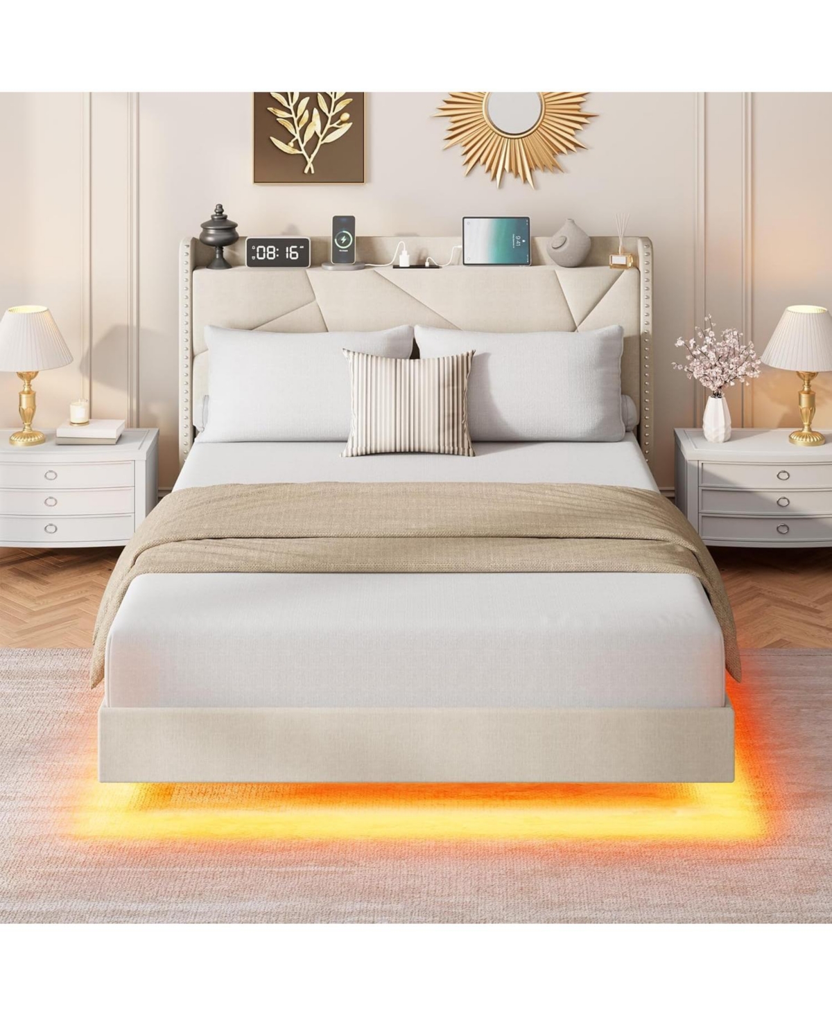 gaomon Floating Bed Frame with Rgb Led Lights and Charging Station, Upholstered Platform Storage Headboard Button Tufted Design, No