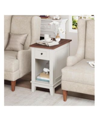Narrow Farmhouse Side Table with Charging Station, Small Storage Nightstand Bedside Table for Living Room