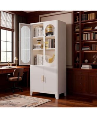 Freestanding Storage Cabinet: 70" Tall White Linen + Pantry + China Cabinet – Tempered Glass Doors, Heavy-Duty Adjustable Shelves