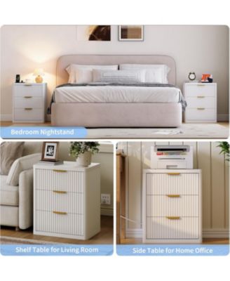 Fluted Nightstand Set of 2,Mid Century Bedside Table,Wooden End Table,Farmhouse Night Stand with 3 Drawer