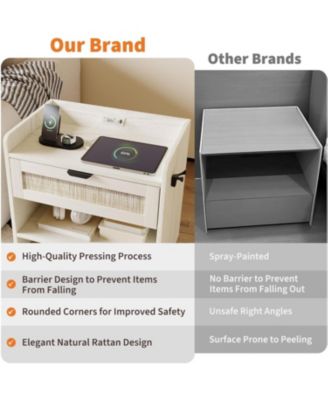 Boho Rattan Bedside Table with Type-C Charging Station, Nightstand with 1 Storage Drawer & Open Shelf