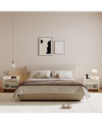 Boho Rattan Bedside Table with Type-C Charging Station, Nightstand with 1 Storage Drawer & Open Shelf