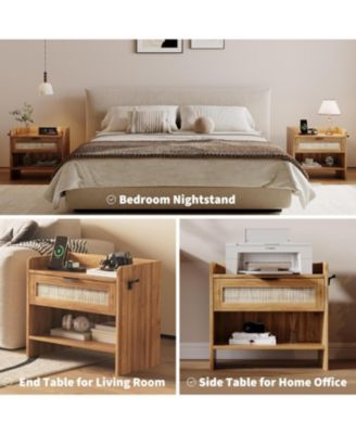 Rattan Nightstand, Bedside Table with Type-C Charging Station - 1 Storage Drawer & Open Storage Space