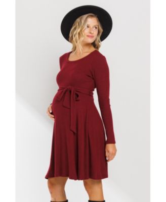 Maternity Rib Knit Empire Waist Long Sleeve Knee-Length Dress