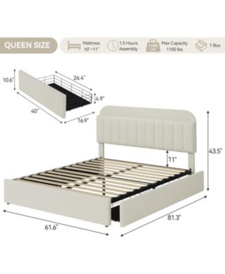 Queen Bed Frame with Storage Headboard, Girls Bed Frame with 2 Drawers, Boucle Upholstered Platform Bed with Bookcase