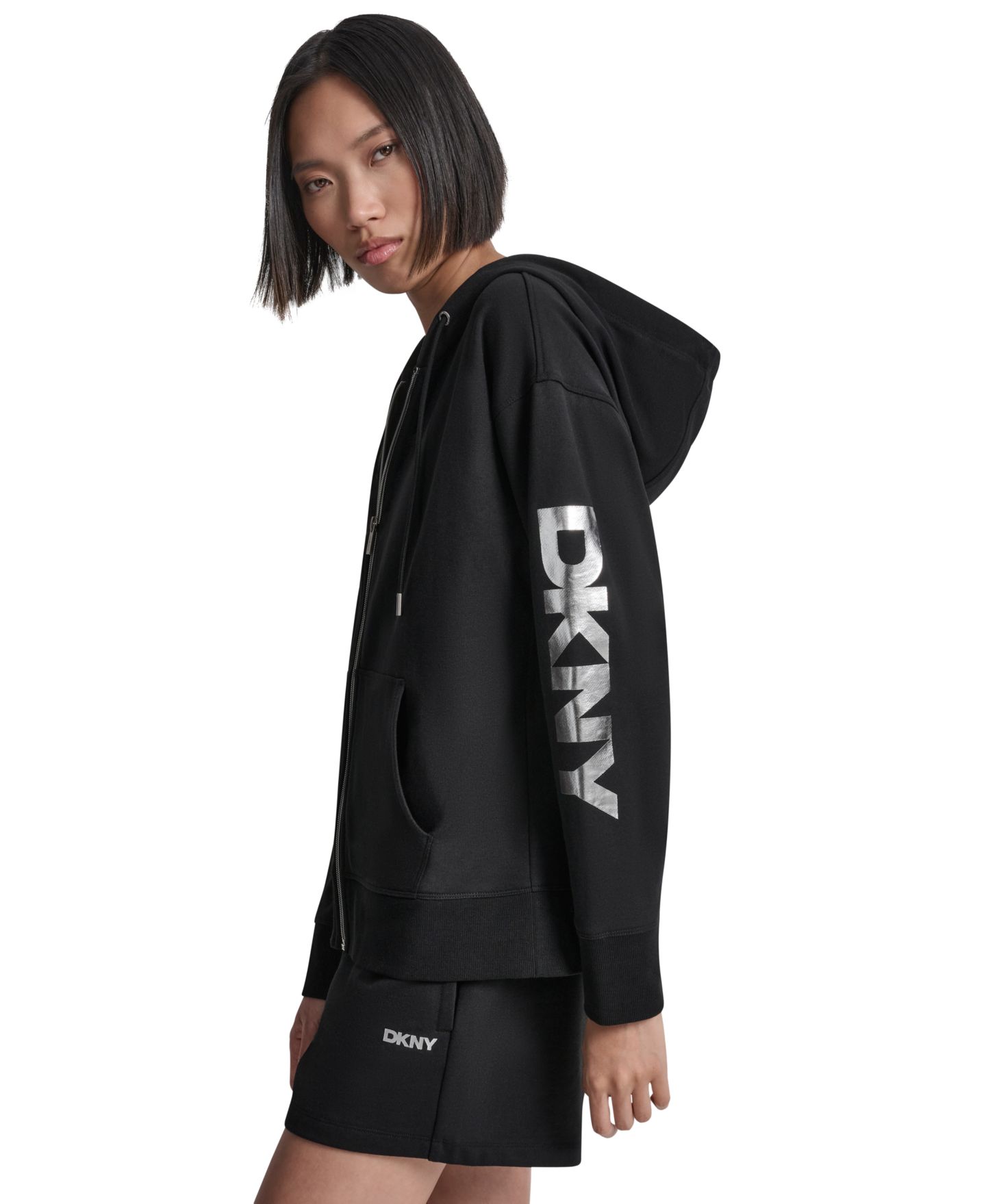 Женское худи DKNY Sport Regular-Fit Full Zip, цвет: Чёрный / Серебряный — фото 3