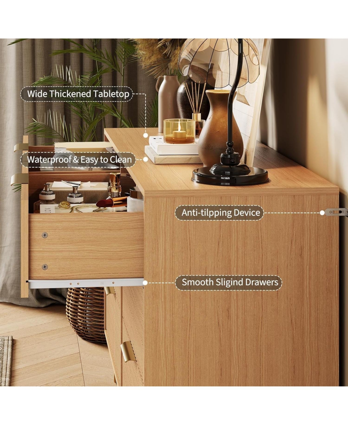 gaomon Fluted Dresser for Bedroom with 6 Drawers,47'' Wide Modern Chest of Wooden Drawers Metal Handle,Wide Clothes Storage Organizer
