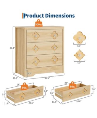 Oak 3 Drawer Tall Dresser with Decorative Boho Fronts, Bedroom Chest for Closet or Nightstand Use