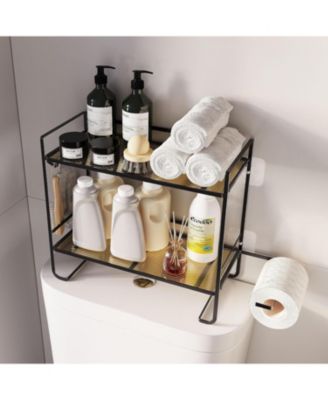 Over Toilet Storage Shelf, 2-Tier Bathroom Storage Organizer with 2 Hooks, Paper Holder, Metal Space Saving Multi-Purpose