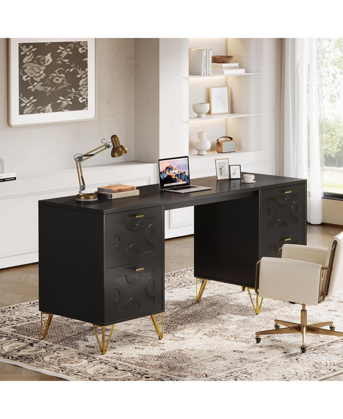 Tribesigns Computer Desk 59", Home Office with 4 File Drawers, Writing Table Elegant