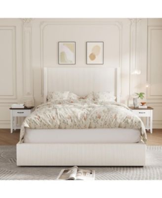 Bed Frame with Storage Drawers, Corduroy Upholstered Platform with Wingback, Tufted Headboard and Footboard, No Box Spring Needed,