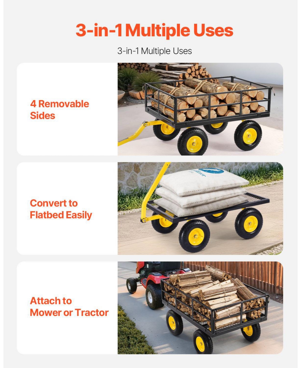 1200 lb Heavy-Duty Steel Garden Cart with 13" All-Terrain Tires & Convertible Mesh Sides