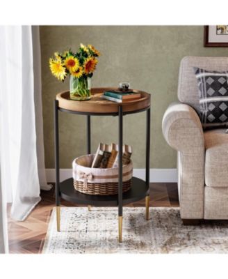 Round Side Table Set of 2, 2-Tier End Table with Solid Wood and Metal, Industrial Nightstand