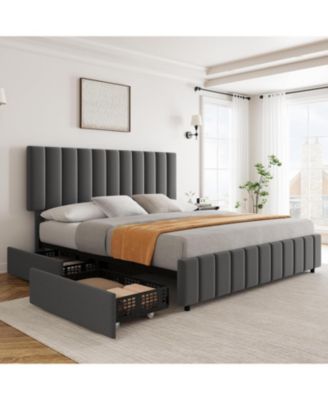 King Linen Upholstered Platform Bed Frame with 4 Storage Drawers, Adjustable Headboard, Wooden Slats Support.